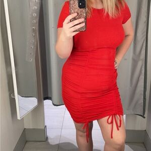 Divided Bright Red Mini Dress with cinching